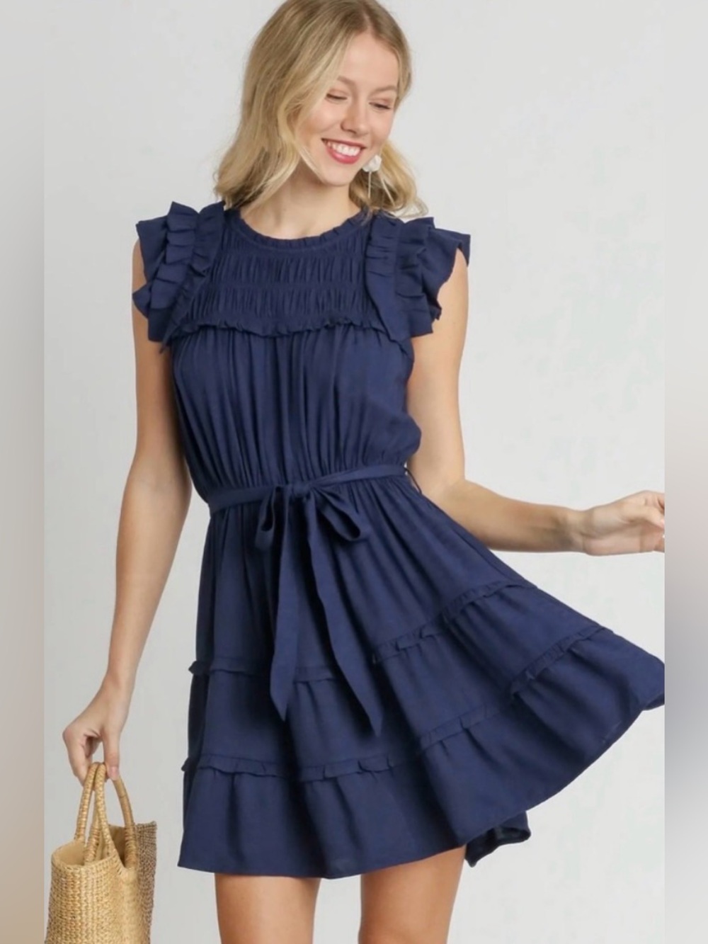 UMGEE Smocked Round Neck Flutter Sleeve Tiered Dress in Navy